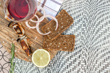 Delicious, juicy pork shish kebab. Concept picnic top view.