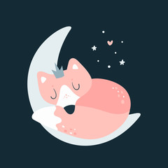 Cute baby fox on the moon. Relax baby. Sweet dreams little one. Night sky, moon, stars and heart. Isolated cartoon animal character illustration. For print, poster, calendar, decoration, textile, card