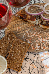 Delicious, juicy pork shish kebab. Concept picnic top view.