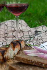 Delicious, juicy pork shish kebab. Concept picnic top view.