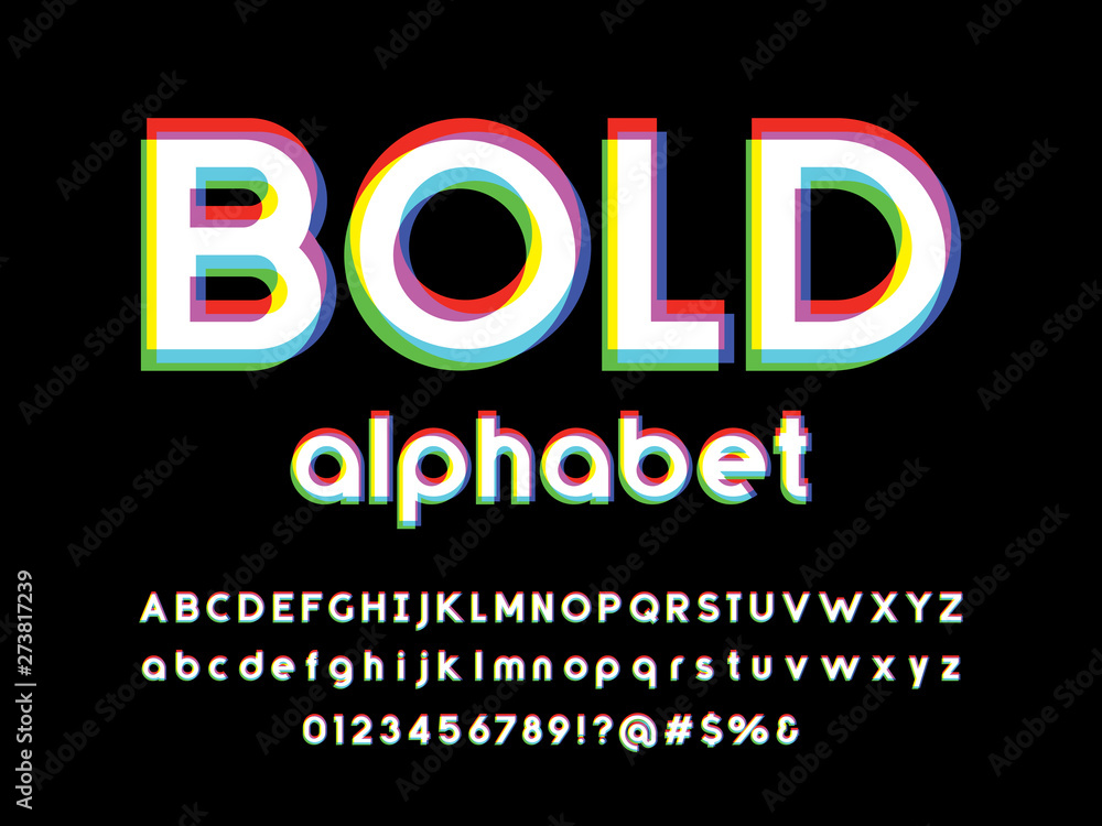 Fototapete overprint colors alphabet design with uppercase, lowercase, numbers and symbols