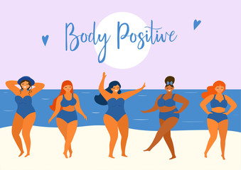 Summer poster with happy plus size girls in trendy summer swimsuits. Body positive. Vector design elements.