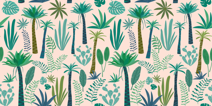 Tropical pattern with abstract plants design. Vector seamless texture.