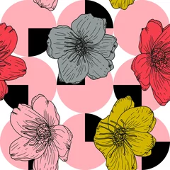 Photo sur Plexiglas Coquelicots Fleurs stylisées d& 39 anémone ou de coquelicots, modèle sans couture de vecteur. Fond floral dessiné à la main dans des couleurs pastel rétro et des formes géométriques.