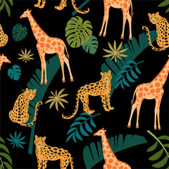 Giraffe and leopard pattern with tropical leaves. Vector seamless texture.