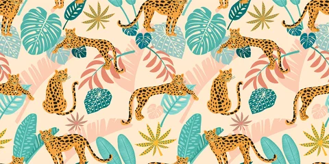  Leopard pattern with tropical leaves. Vector seamless texture. © Tayisiya
