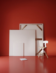 Pictures and chair in red studio with atmospheric lighting
