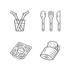 Zero waste kitchen cutlery linear icons set