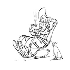 Old woman drinks tea in her rocking chair. Cat and granny.