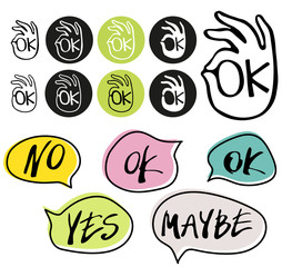 Abstract OK okay hand symbol vector and hand written yes, no, maybe, ok signs in speech bubbles. Logo vector template. Set of vector simbols isolated on white background.