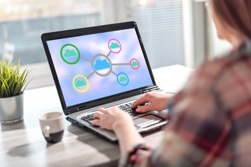 Fototapeta na wymiar Cloud networking concept on a laptop screen