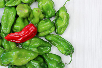 Small red and green peppers on white background
