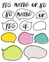 Hand written yes, no, maybe, ok signs in speech bubbles. Set of vector simbols isolated on white background.