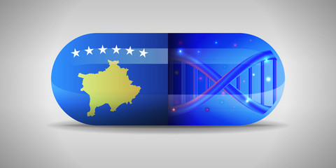 Illustration of the national pharmaceuticals of Kosovo. Drug production in Kosovo. National flag of Kosovo on capsule with gene