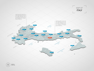 Isometric  3D Italy map. Stylized vector map illustration with cities, borders, capital, administrative divisions and pointer marks; gradient background with grid.