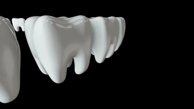 Red tooth in a row of the white teeth. 3D render. Dental, out of crowd, business concept. Video available in FullHD and HD render footage
