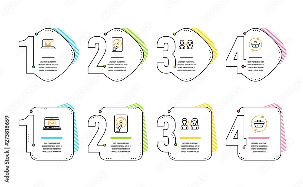 Poster e-mail, hdd and people communication icons simple set. refresh cart sign. new message, memory disk, 