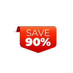Red Vector Banner Ribbon on white background, top bookmark, save 90 percent
