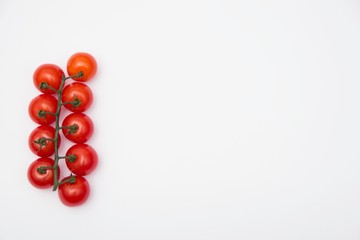 Red tomatoes on green branch isolated on white background. 