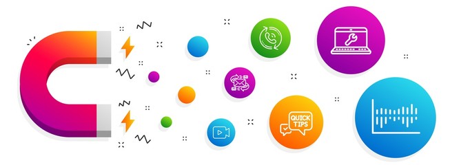 Magnet attracting. E-mail, Quick tips and Video camera icons simple set. Laptop repair, Call center and Column diagram signs. Communication by letters, Helpful tricks. Business set. Vector