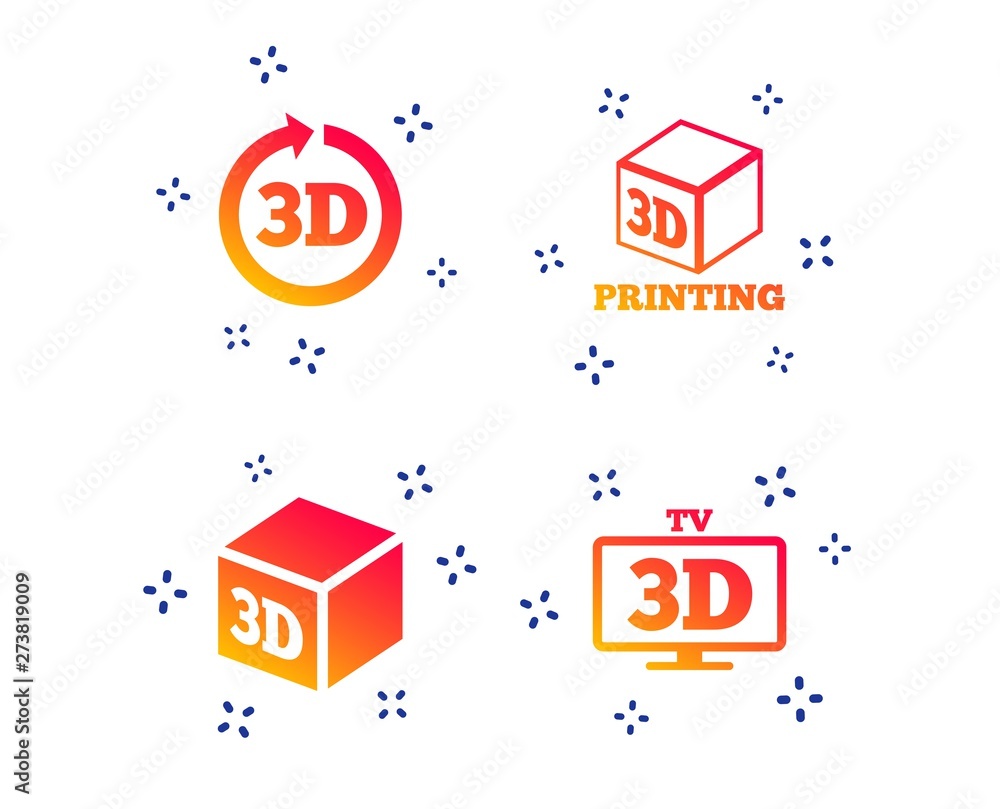 Aufkleber 3d tv technology icons. printer, rotation arrow sign symbols. print cube. random dynamic shapes. gra