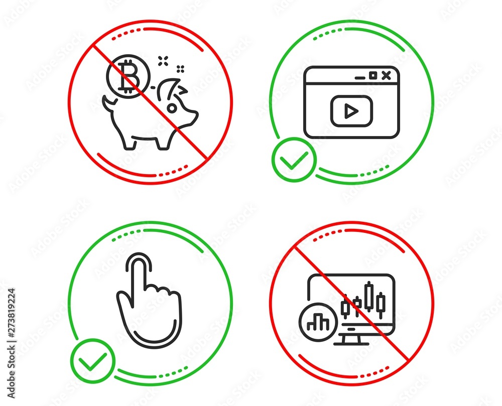 Poster do or stop. bitcoin coin, hand click and video content icons simple set. candlestick chart sign. pig
