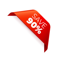 Red Vector Banner Ribbon on white background, corner ribbon, save 90 percent