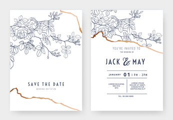 Botanical wedding invitation card template design, climbing rose line art ink drawing on white