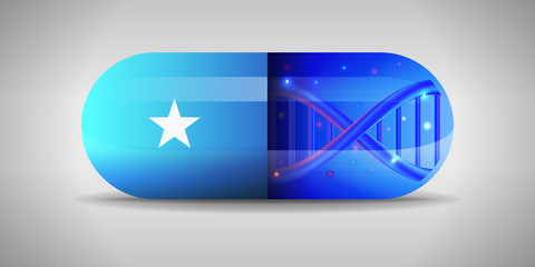 Illustration of the national pharmaceuticals of Somalia. Drug production in Somalia. National flag of Somalia on capsule with gene