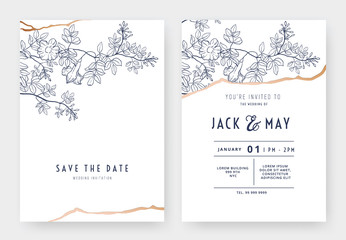 Botanical wedding invitation card template design, bower vine line art ink drawing on white