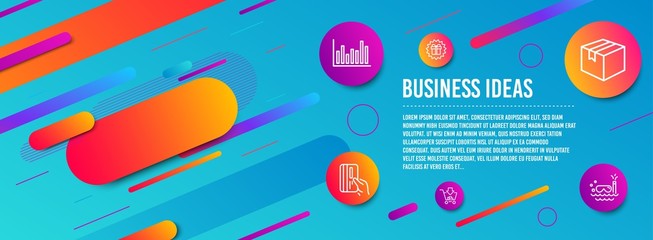 Header banner. Bar diagram, Payment card and Surprise gift icons simple set. Shopping, Parcel and Scuba diving signs. Statistics infochart, Credit card. Business set. Line bar diagram icon. Vector