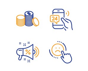 Sale megaphone, Banking money and 24h service icons simple set. Dislike sign. Shopping, Cash finance, Call support. Negative feedback. Business set. Linear sale megaphone icon. Colorful design set