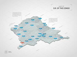 Isometric  3D Democratic Republic of the Congo map. Stylized vector map illustration with cities, borders, capital, administrative divisions and pointer marks; gradient background with grid.