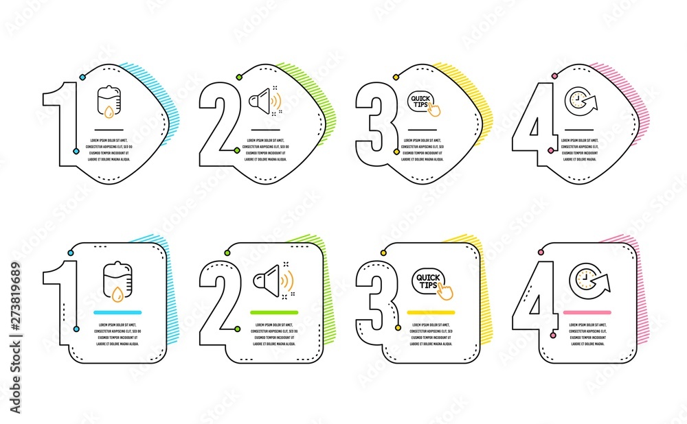 Poster quick tips, drop counter and loud sound icons simple set. update time sign. helpful tricks, medical 