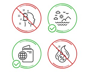 Do or Stop. Travel passport, Bitcoin think and Sea mountains icons simple set. Hot loan sign. Trip document, Cryptocurrency head, Summer travel. Discount offer. Business set. Vector