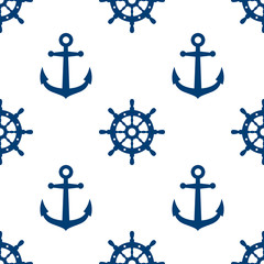 Icono plano patrón con timón y ancla en color azul en fondo blanco © teracreonte