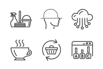 Face scanning, Household service and Coffee icons simple set. Refresh cart, Cloud storage and Survey results signs. Faces detection, Cleaning equipment. Business set. Line face scanning icon. Vector