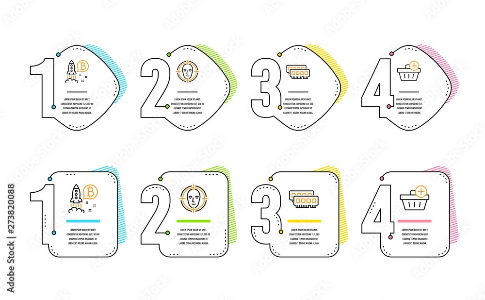 Poster ram, face detect and bitcoin project icons simple set. add purchase sign. random-access memory, sele