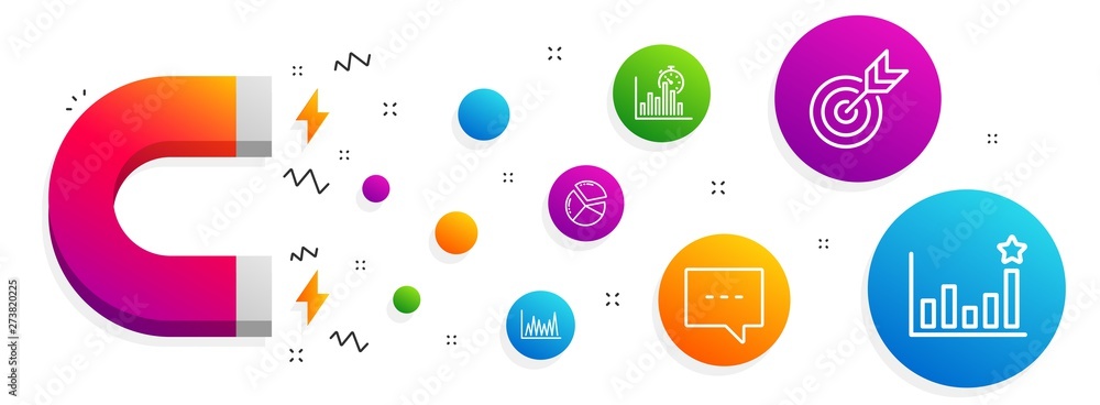 Poster magnet attracting. line graph, target and report timer icons simple set. blog, pie chart and efficac