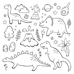 Apatosaurus triceraptor and angry tyrannosaurus rex with open huge mouth sketch. Hand-drawn dinosaur set. Animal vector illustration