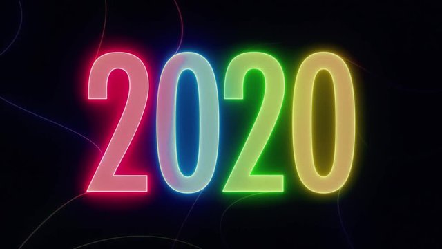 Glowing year 2020 with colorful strings - on black