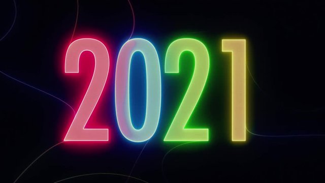 Glowing year 2021 with colorful strings - on black