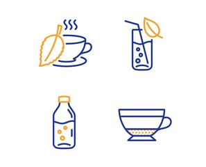 Water glass, Mint tea and Water bottle icons simple set. Dry cappuccino sign. Soda drink, Mentha beverage, Beverage mug. Food and drink set. Linear water glass icon. Colorful design set. Vector
