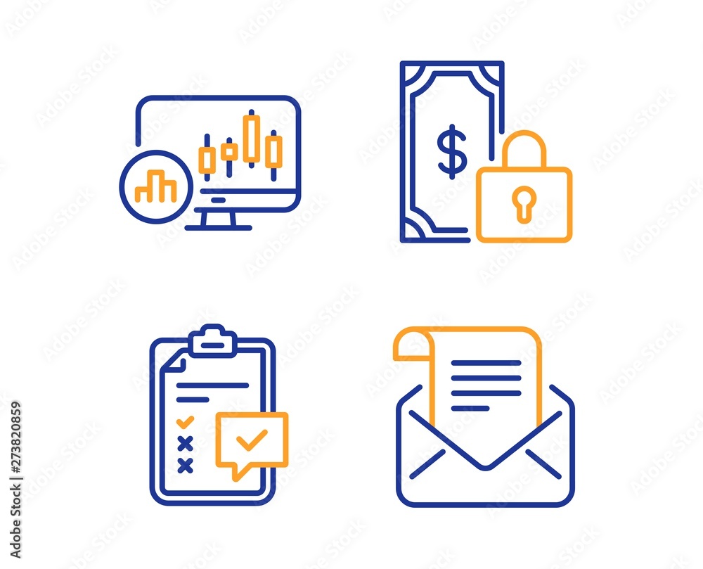 Poster private payment, checklist and candlestick chart icons simple set. mail newsletter sign. secure fina