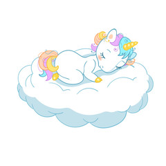 Magic cute unicorn in cartoon style. Doodle unicorn sleeping on a cloud. Vector illustration for cards, posters, kids t-shirt prints, textile design.