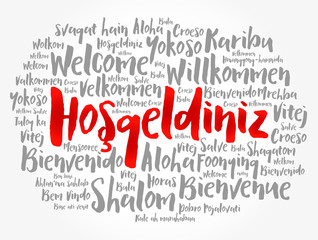 Hosgeldiniz (Welcome in Turkish) word cloud in different languages, conceptual background