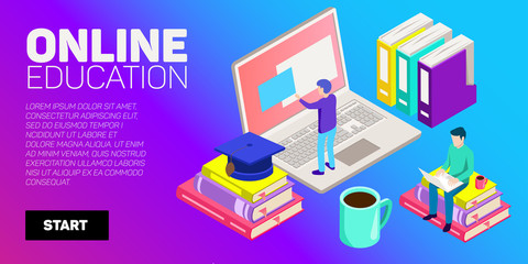 Fototapeta premium Isometric vector banner. Online education, learning, distant courses. School, college, unversity.
