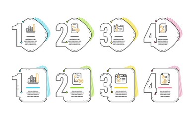 Start business, Report checklist and Graph chart icons simple set. Report document sign. Launch idea, Sales growth file, Growth chart. Education set. Infographic timeline. Line start business icon