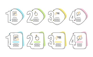 Hand click, Quickstart guide and Checked calculation icons simple set. Copyright chat sign. Location pointer, Lightning symbol, Statistical data. Speech bubble. Education set. Infographic timeline