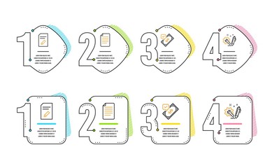 Edit document, Accepted payment and File icons simple set. Engineering sign. Page with pencil, Bank transfer, Paper page. Construction. Education set. Infographic timeline. Line edit document icon